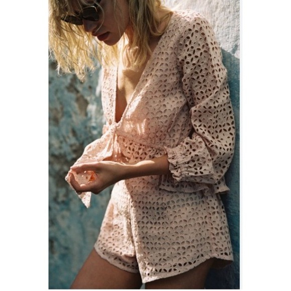 O'Neill Tops - ONeill Womens Blush Pink Eyelet Tie Front Top and Shorts Two Piece Set Small